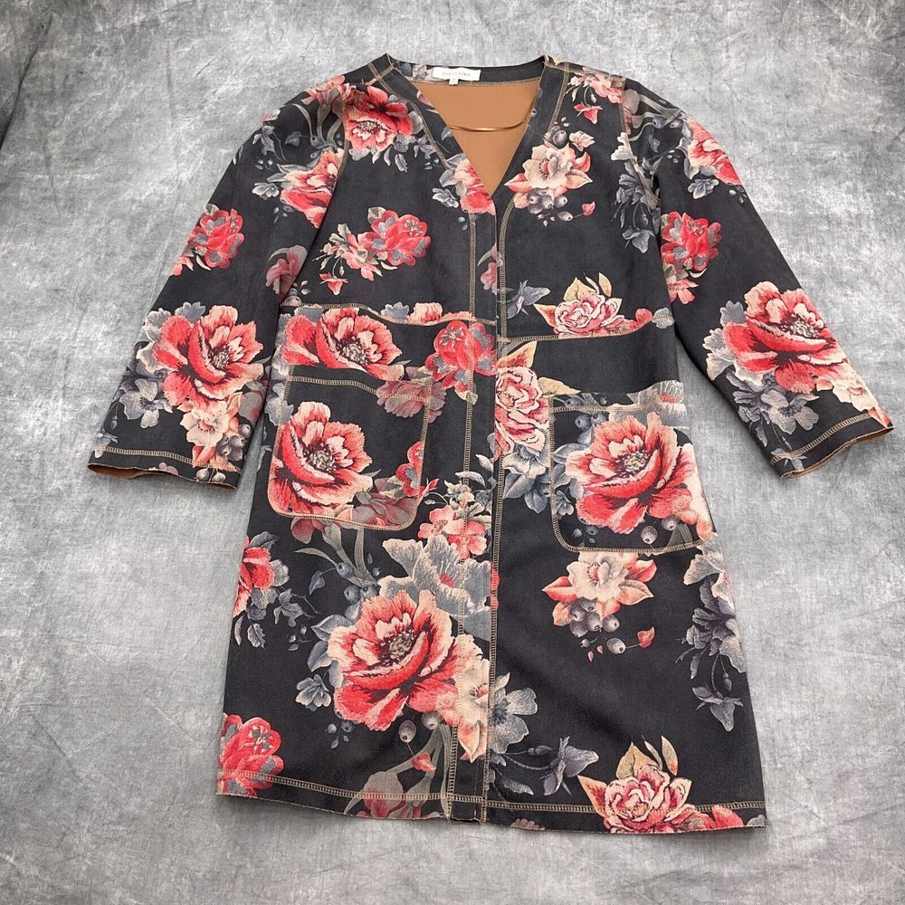 Solitaire Coat‎ Women Medium Black Red Floral Faux Suede Soft Open Art Boho